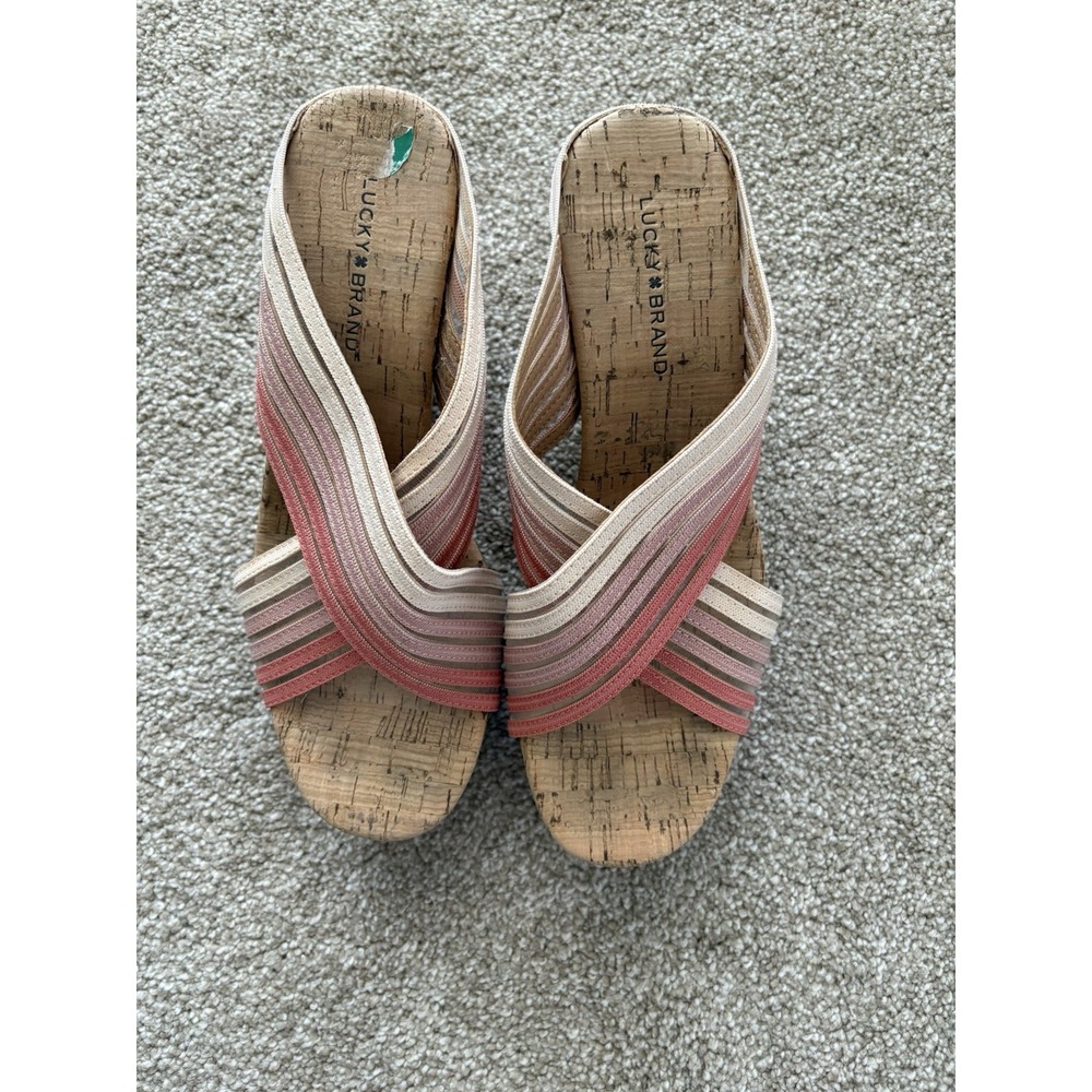 Lucky Brand Mykayla Wedge Sandals Cork Studded Slip On Sandals US 8M EU 38‎ 1/2 - Picture 2 of 7